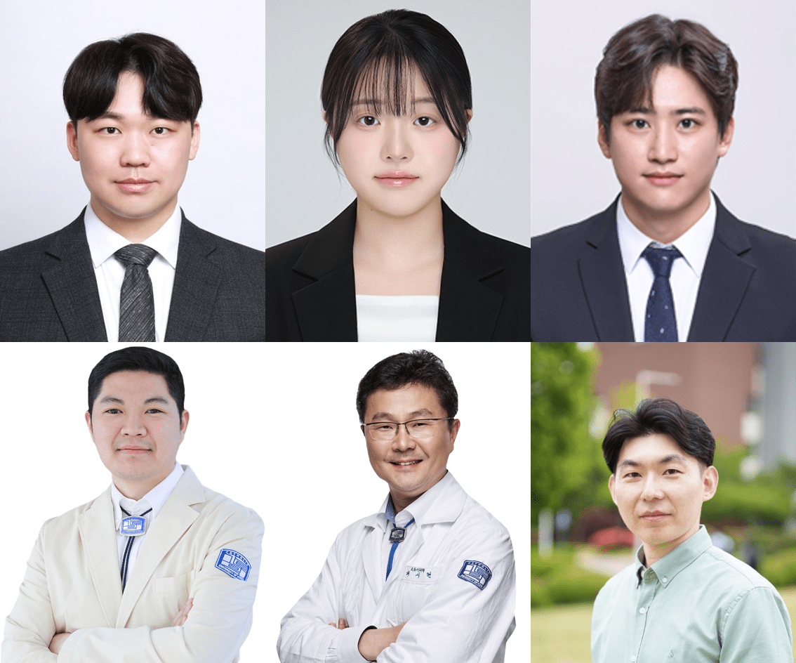 ▲ (위) 제1저자, 성균관대 박주형 박사, 장다영 연구원, 김치현 박사, (아래) 교신저자, 서울성모병원 성필수 교수, 은평성모병원장 배시현 교수, 성균관대 박진성 교수