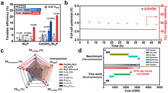 ▲ Carbon dioxide conversion performance, stability, and economic evaluation of the developed catalyst (Ce(OH)x/Ni2P)