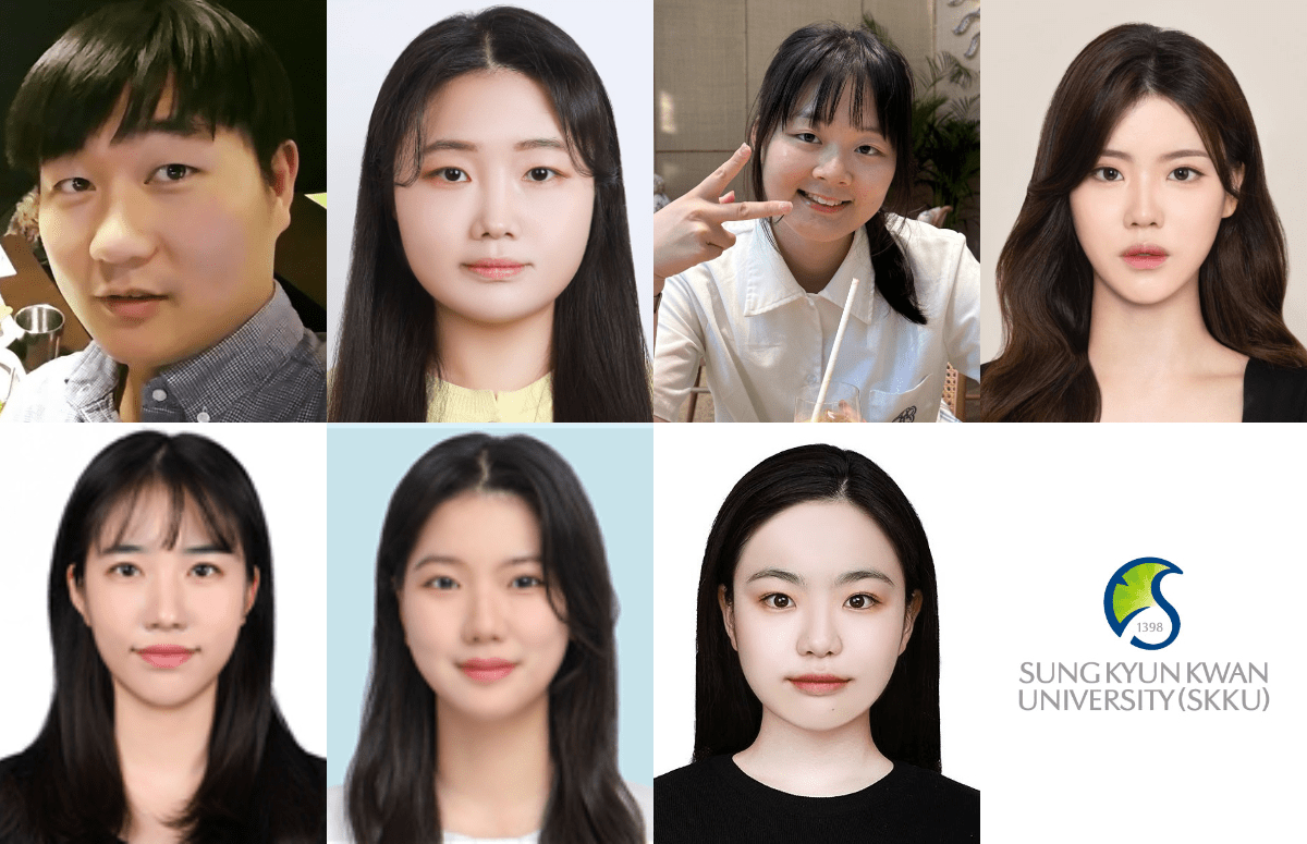 ▲ (위, 왼쪽부터) 인공지능융합학과 박은일 교수, 박선영, 정우첸 박사과정생, 이유빈 석박통합과정생<br>(아래, 왼쪽부터) 안효주, 김윤서 석사과정생, 양성연 연구원(석사 졸업)
